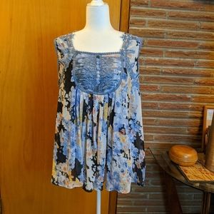 Denim 24/7 Floral Lace Trim Bib Sleeveless Top